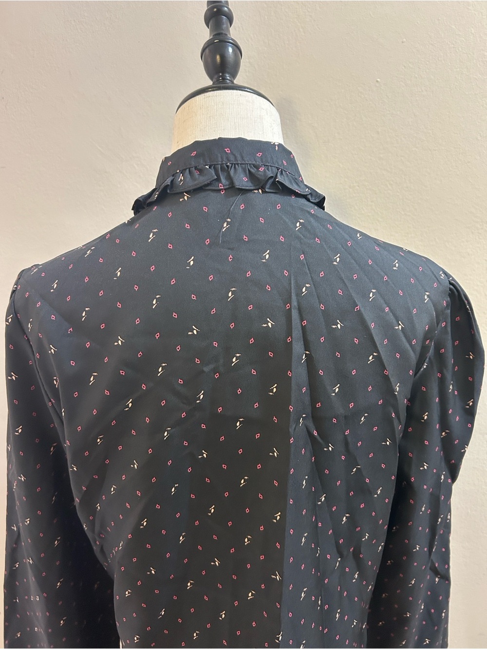 Black Ruffle-Neck Long Sleeve Blouse with Pink  Print* - Picture 10 of 14